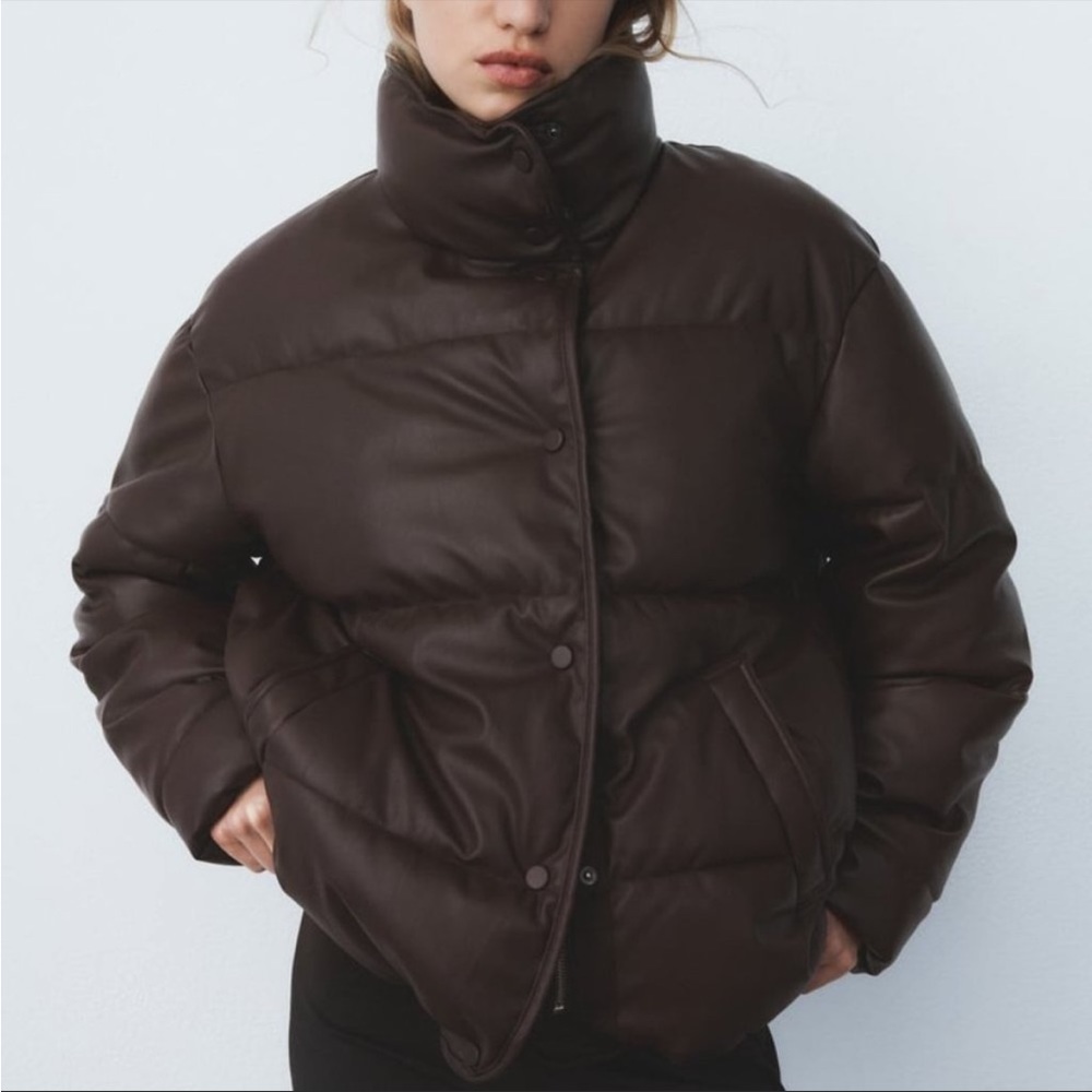 Burgundy/Brown FAUX LEATHER PUFFER - Picture 4 of 7